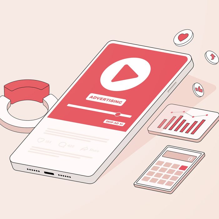 Video Marketing potential concept illustration. Native social marketing, targeted programmatic advertising stats to enhance your online digital marketing strategy. Linear Isometric Vector illustration