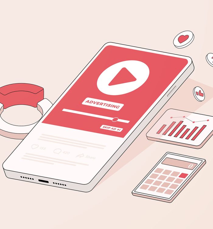 Video Marketing potential concept illustration. Native social marketing, targeted programmatic advertising stats to enhance your online digital marketing strategy. Linear Isometric Vector illustration